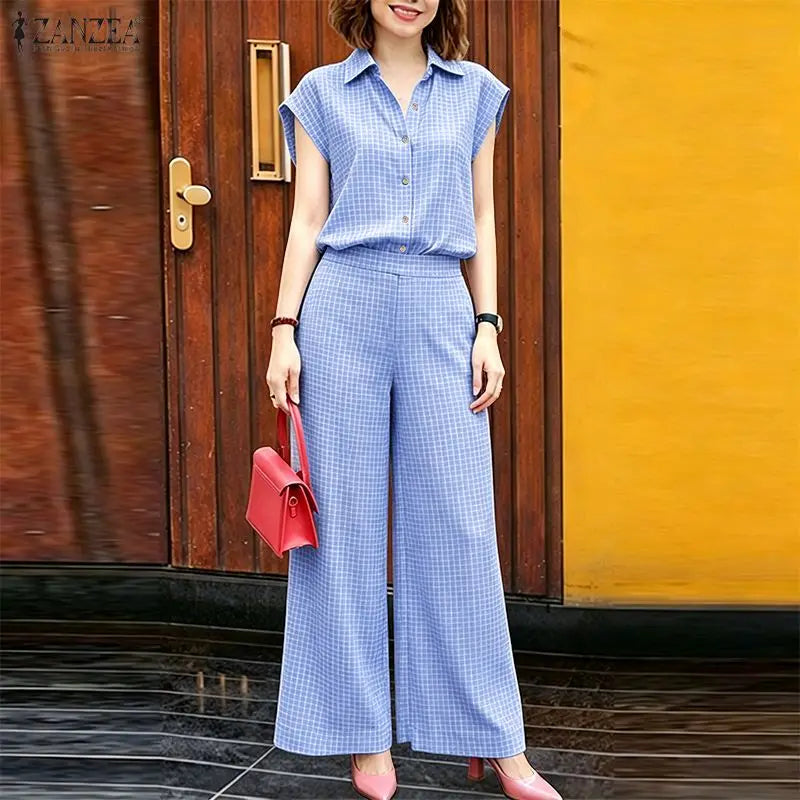2026 ZANZEA Summer 2 Pieces Sets Elegant Lapel Neck Sleeveless Shirt Pant Sets Plaid Tracksuit Stylish Women OL Work Outfits