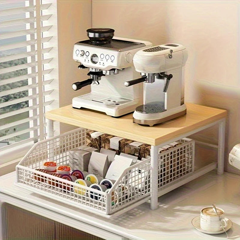 Space-Saving Kitchen Countertop Organizer with Drawer & Wire Basket - Sturdy Hardwood  Shelf for Coffee Maker.