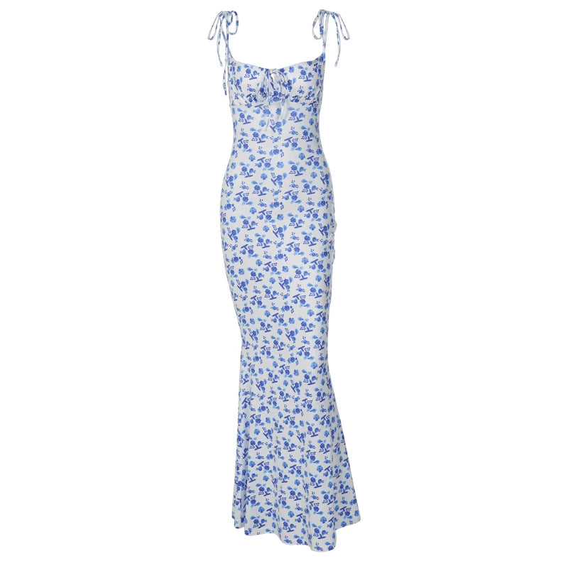 Hugcitar Floral Print Sleeveless Backless Slips Lace Up Maxi Dress Sexy Bodycon Summer Elegant Outfits Holiday Party Wholesale