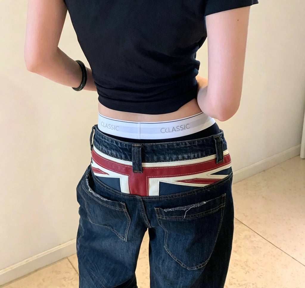 Women Dark Wash Denim Jeans Union Patch Back Pocket Vintage Loose Straight Pants Y2K Streetwear Trousers Daily Casual Outfits