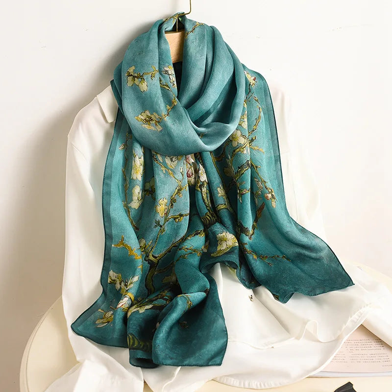 Birdtree, 9MM 100%Real Silk Scarf Shawl, Thin Plum Bossom Summer Beach Shawls Scarfs, Fall Winter Neck Head P36714QM