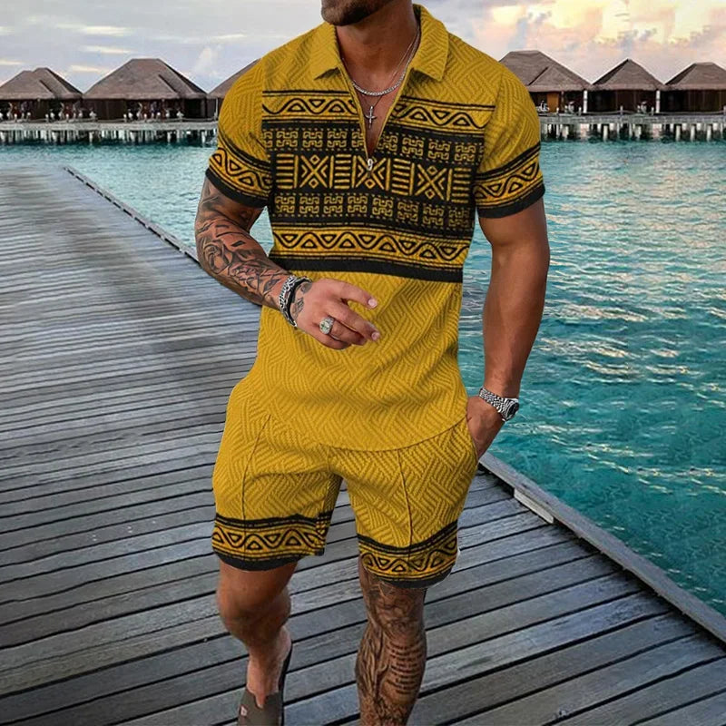 Men Zipper Polo Shirt Suit 2 Pcs Tracksuit Summer 3D Print Beach Boho Geometric Style Holiday Clothing Ensembles De Sport