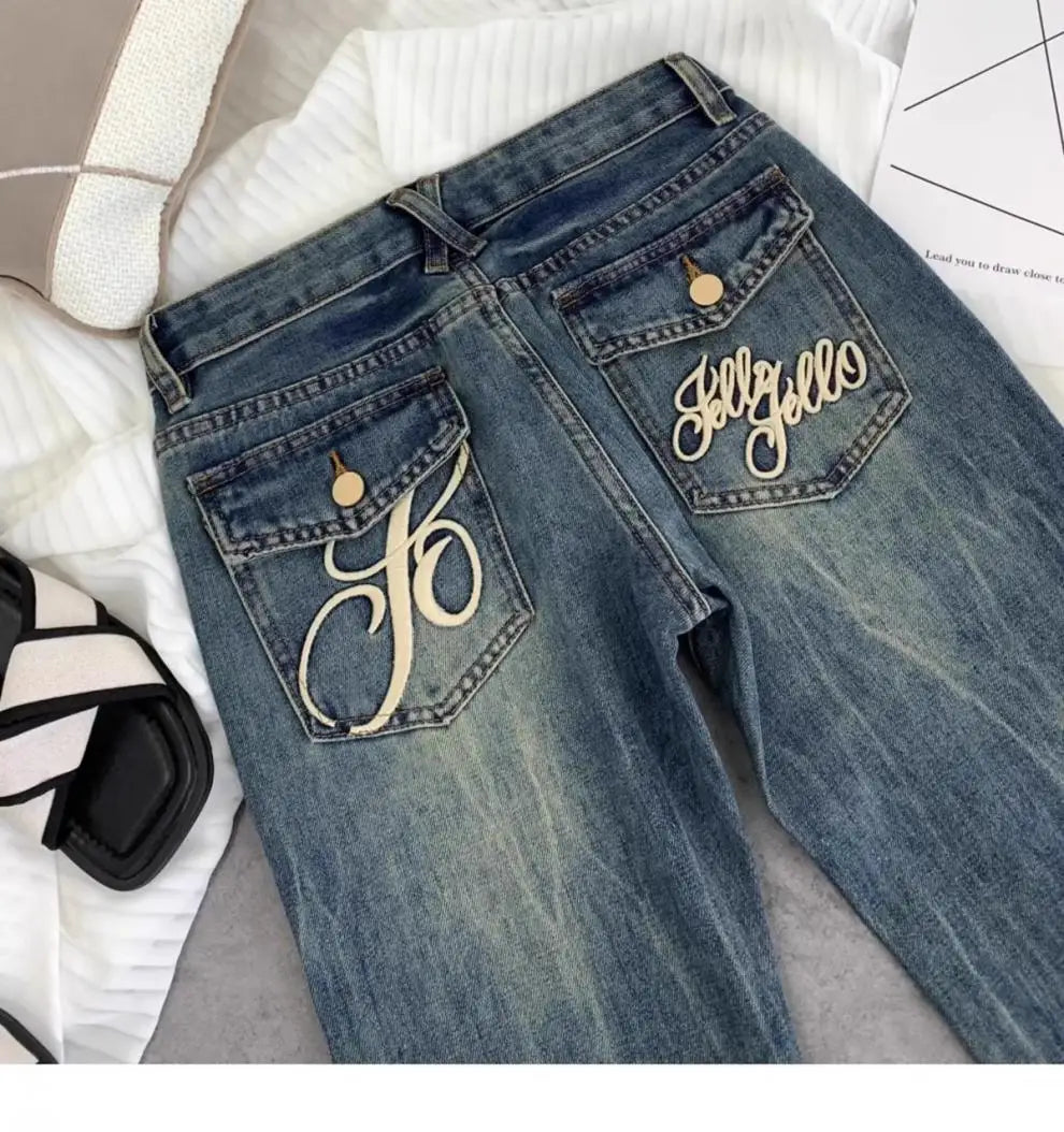 American retro low-waisted jeans female autumn new embroidery old casual fashion temperament slim Joker bell bottoms.