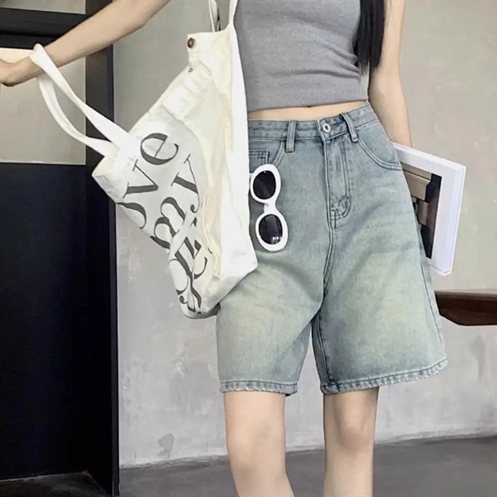 Retro Style Women Denim Shorts High Waist Vintage Washed Straight Wide Leg Button Zipper Knee Length Jeans Shorts Summer