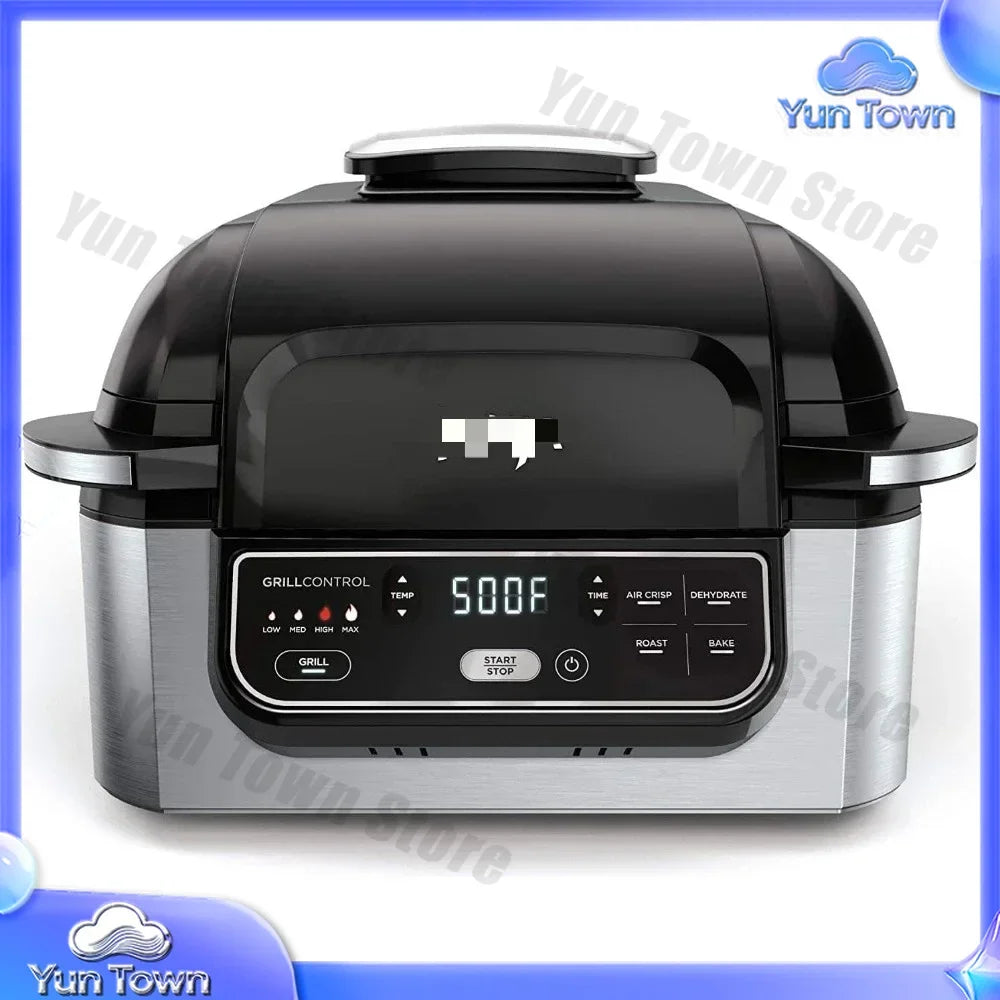 5-in-1 Indoor Electric Grill for Air Fryer Roast Bake Dehydrate Programmable Kitchen Appliance for Home Cooking Black Silver