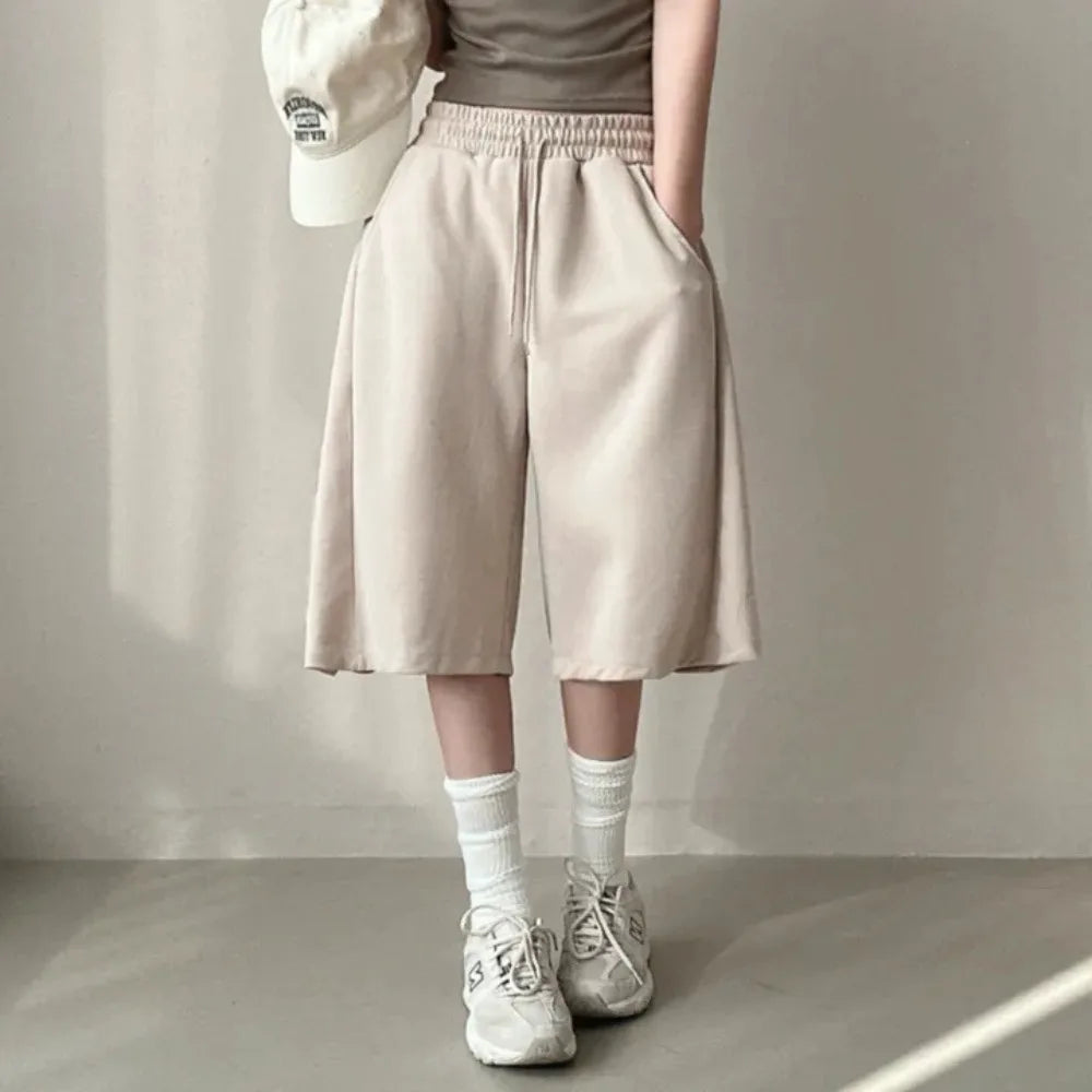 Summer Drawstring Wide Leg Shorts Women Fitness Running Loose Casual Large Sports Shorts Sweat Short High Elastic Lace Up Pants
