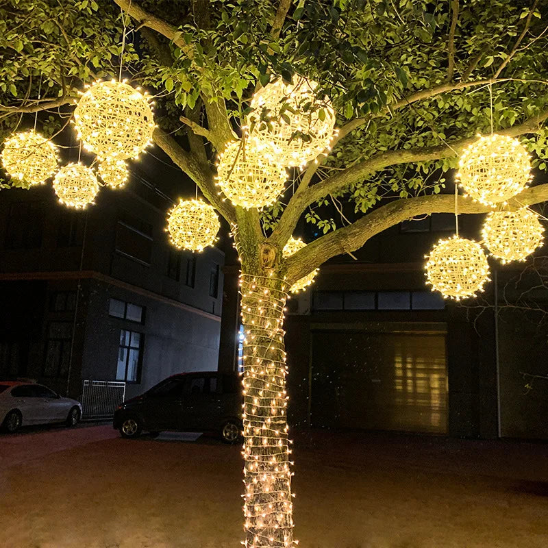 LED Light Christmas Festoon Rattan Ball Outdoor Hanging Fairy String for Yard Garden Tree Pendant Decoration