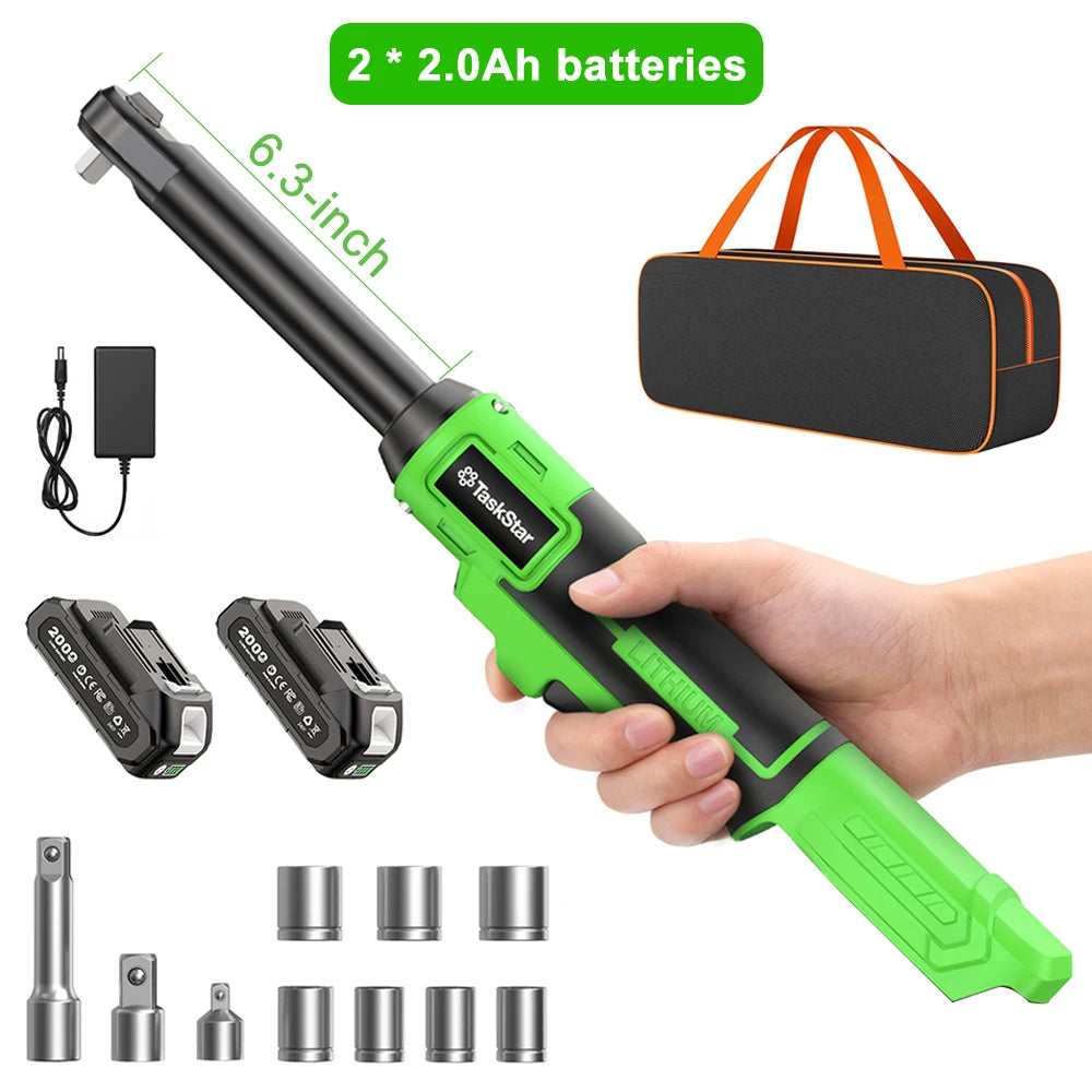 TaskStar 21V Cordless Ratchet Wrench 6.3-inch Extension Bar 70N.m 3/8-inch Electric Wrench with LED Light, 1/4&1/2-inch Adapter, 2 2000mAh Batteries, 8 Sockets, Charger