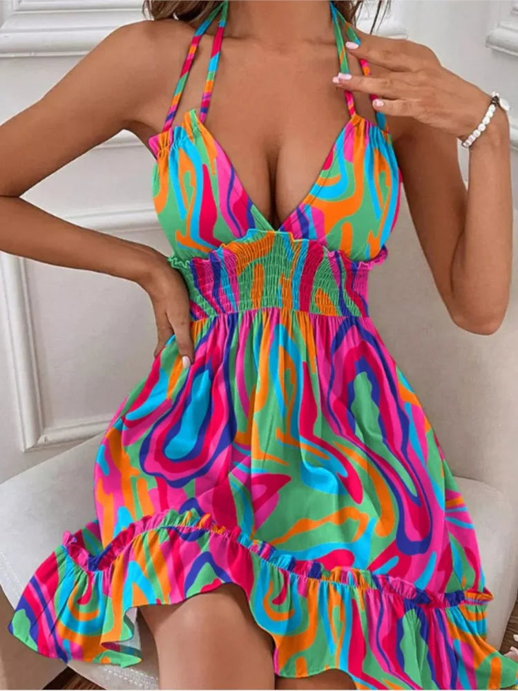 Women Summer Halter Deep V Neck Sundress Sexy Backless Ruffled Smocked Short Dress Waist Open Back Dress Mini Skater Dress 2024