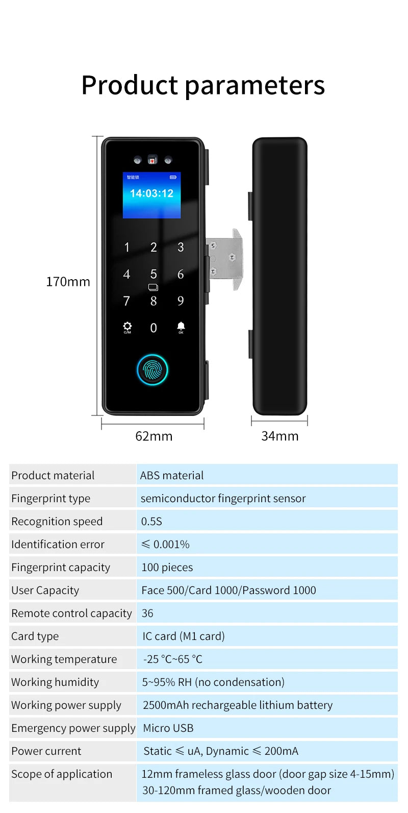 WIFI 3D Face Smart Lock for Glass Door with Camera Fingerprint Face Recognize Card Password Biometric Key App Unlock