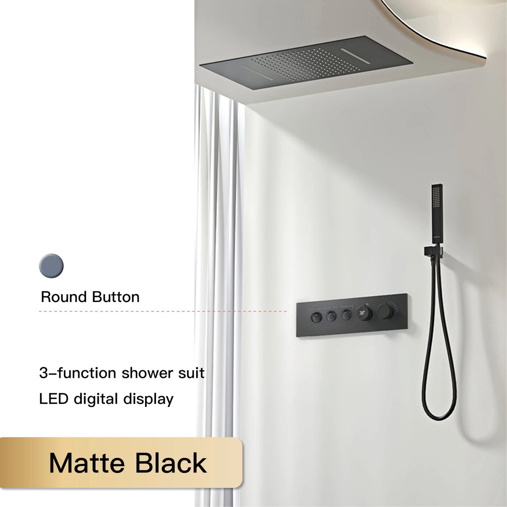 Luxury Black Brass Shower System, Wall Mounted Led Digital Display, Cold Hot Dual Control, Four Function Ceiling Shower Tap