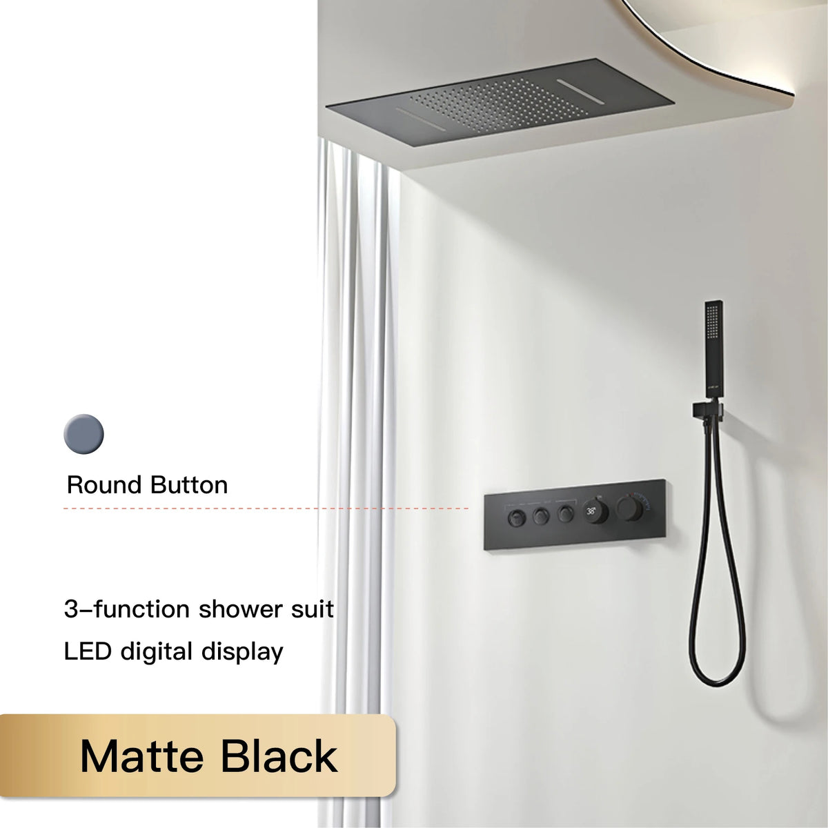 Luxury Black Brass Shower System, Wall Mounted Led Digital Display, Cold Hot Dual Control, Four Function Ceiling Shower Tap