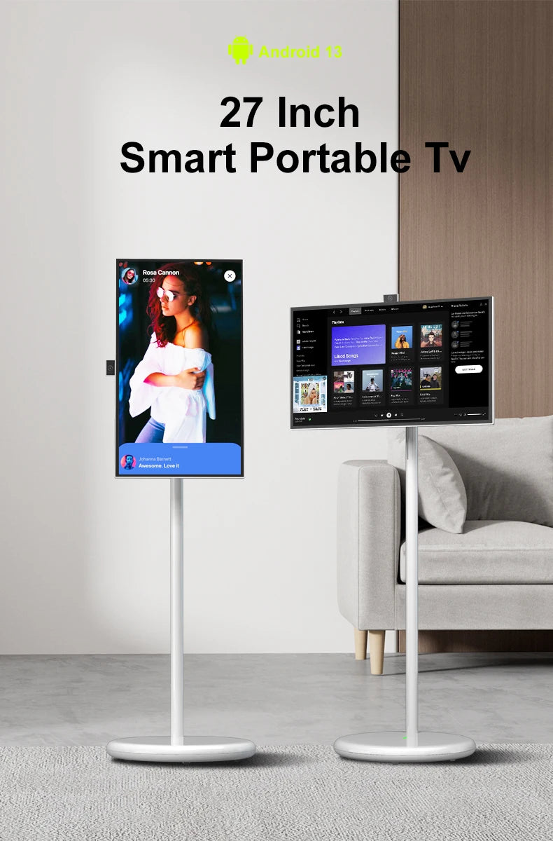 Floor-Standing TV Stand,32 Inch Monitor Screen Digital Signage Touch Screen Android 15 4+128GB Smart TV Display Portable TV Moni