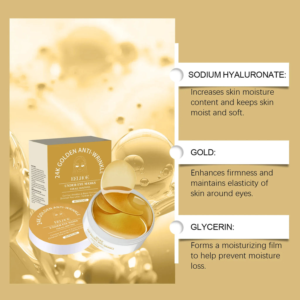 24K Golden Under Eye Mask Patches Hydrolyzed Collagen Moisturizing Firming Anti Dark Circles Eyes Care Eyepatch Beauty Mask