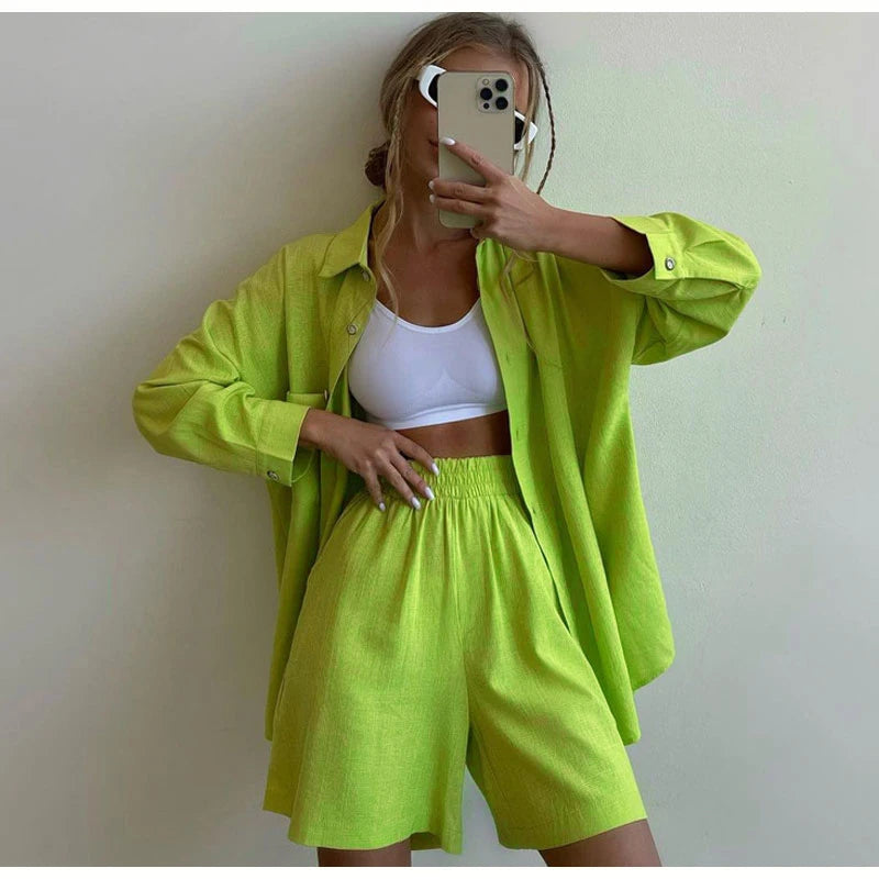 Summer Two Piece Set Women Shorts Suit Green Lapel Long Sleeve Shirts Sets Female Elegant Casual High Waist Pants Lady Outfits