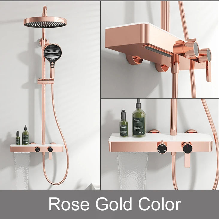 White Bathroom Shower System Set SDSN 12 Inch Round Rainfall Shower Head Brass Bathroom Faucet Hot Cold Gold Bathroom Shower Set