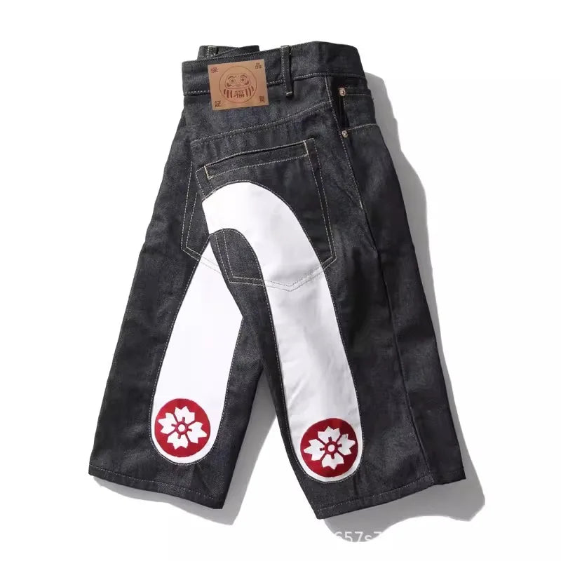 Men Embroidery Denim Shorts Black Hiphop Jeans Pants Cherry Blossom Dragon Totem Washed Zipper Cotton Summer cherry blossoms 024