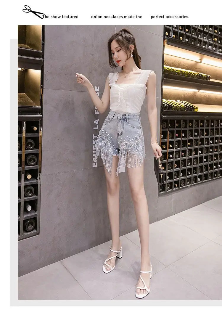 2026 Summer New Personalized Denim Shorts Women's High Waist Diamond Inlaid Heavy Industry sequins Tassel Denim Hot Pants Trendy