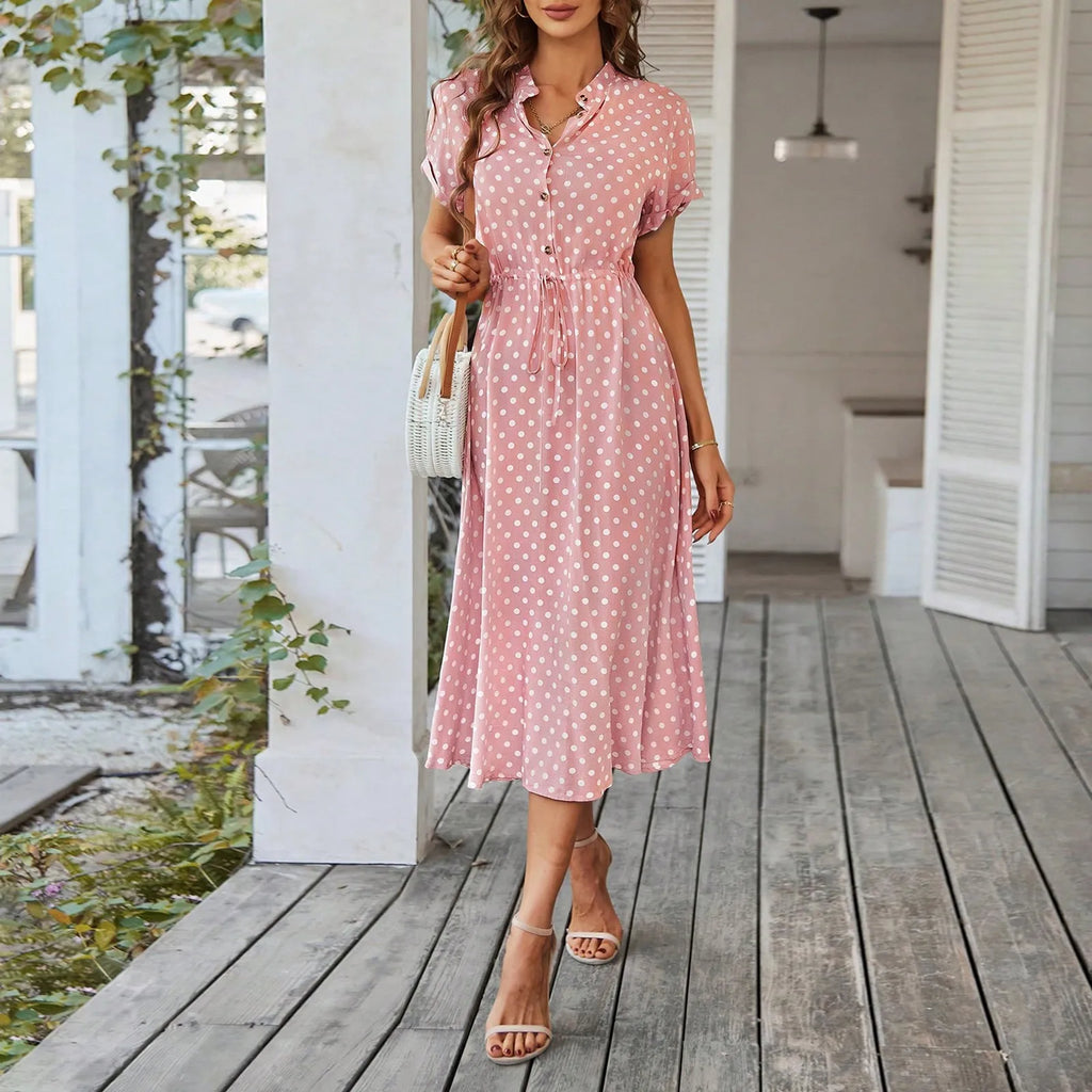 Elegant retro polka dot dress Women's Summer Midi Dress V Neck Single Breasted Short Sleeve Dresses Fashion Print Dress
