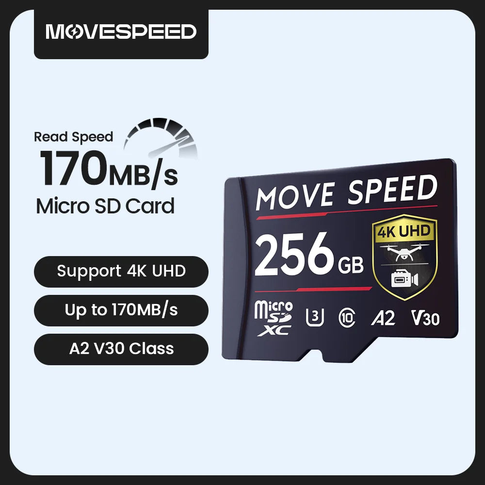 MOVESPEED B300 170MB/s TF Card A2 V30 High Speed Flash Memory Card 256GB 128GB SDXC Mini SD Card  for Camera DV Dash Cams Drones