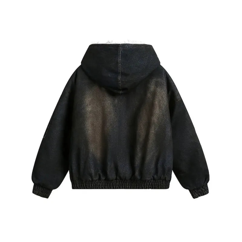 American High Street Vintage Denim Jacket Men Winter Thick Warm Jacket for Men Fashion Streetwear Zip Up Hoodie Coats Clothing