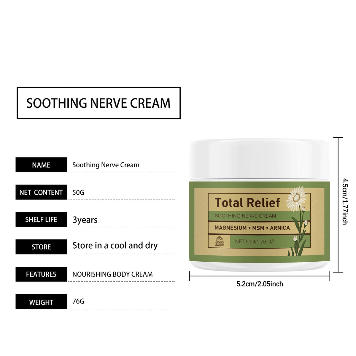 50g Relief Soothing Magnesium Soothing Body Cream Non-Greasy Knees Muscles External Massage Care MSM Arnica Mild Daily Care