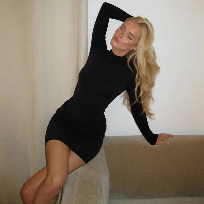 Hugcitar Women Elegant Turleneck Long Sleeve Ruched Sexy Bodycon Mini Dress Autumn Women Clothes Streetwear Party Festival