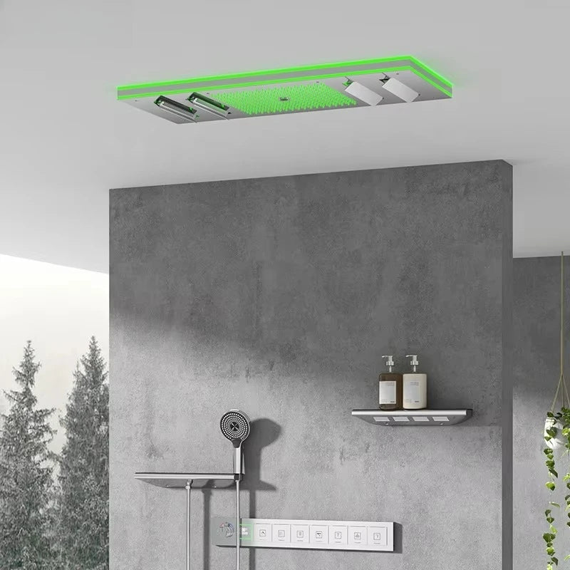 Ceiling Embedded LED Music Shower Head 7 Functions In-Wall Mount Brass Thermostatic Shower Faucet Set