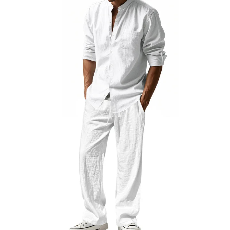 Tracksuit 2025 Seasons Linen Men's Casual Loose Breathable Long sleeved Pants Shirt Beach Set in Stock Male  Clothing Big Size