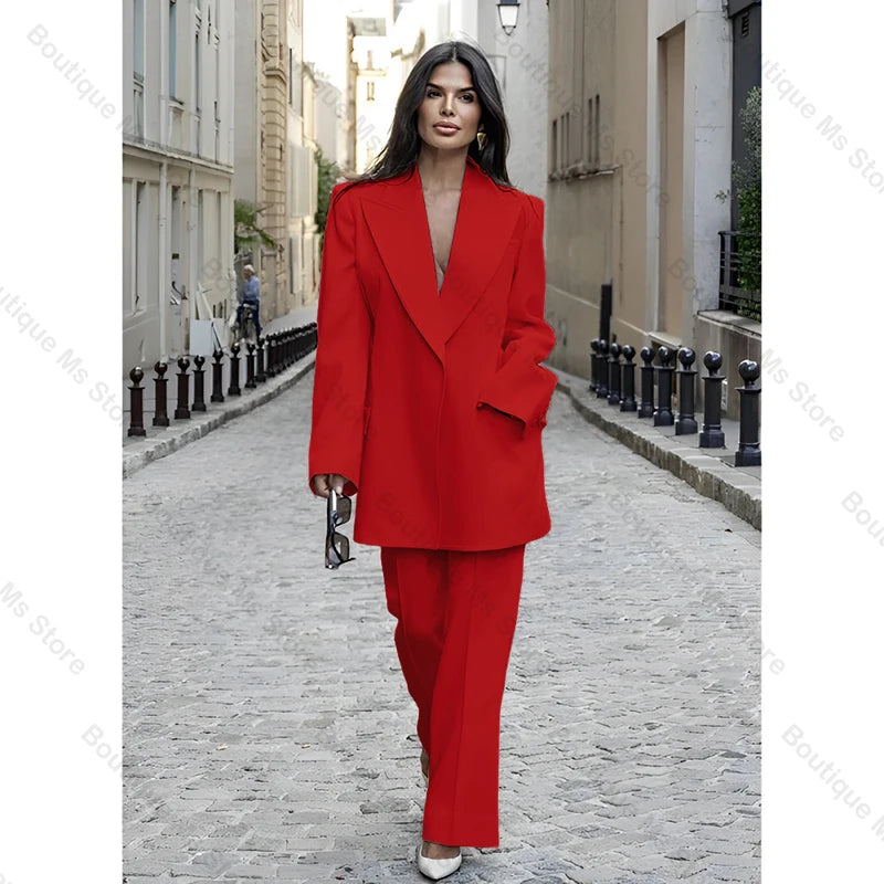 Chic Loose White Single Breasted Women Pants Set New Female Two Pieces(Blazer+Trousers) conjuntos femininos elegantes