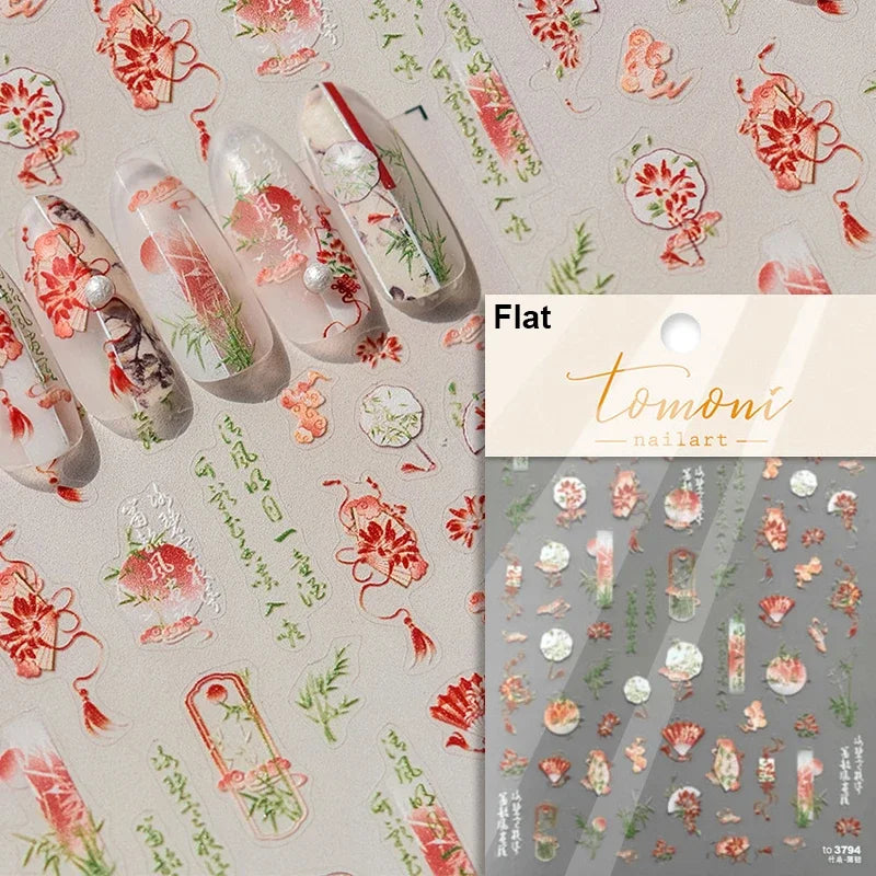 Elegant Chinese Charm Shiny Nine-tailed Fox Mask Red Equinox Flowers Tragedy Love Soft Reliefs Nail Art Stickers Manicure Decals