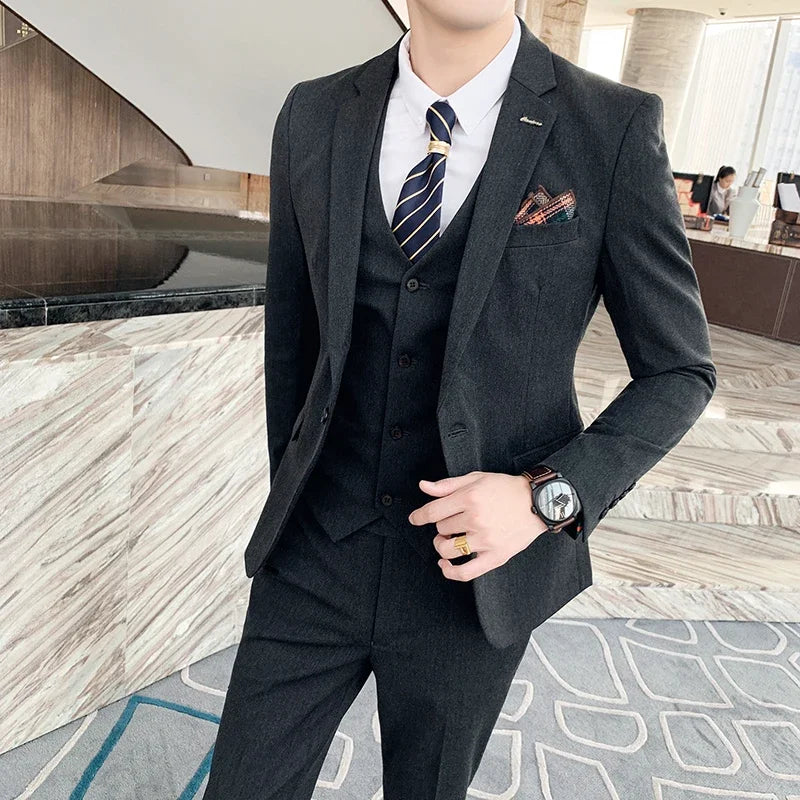 S-7XL ( Blazer + Vest + Pants ) Striped Plaid Solid Color Mens Formal Business Suit 3Pcs Set Groom Wedding Social Show Dress