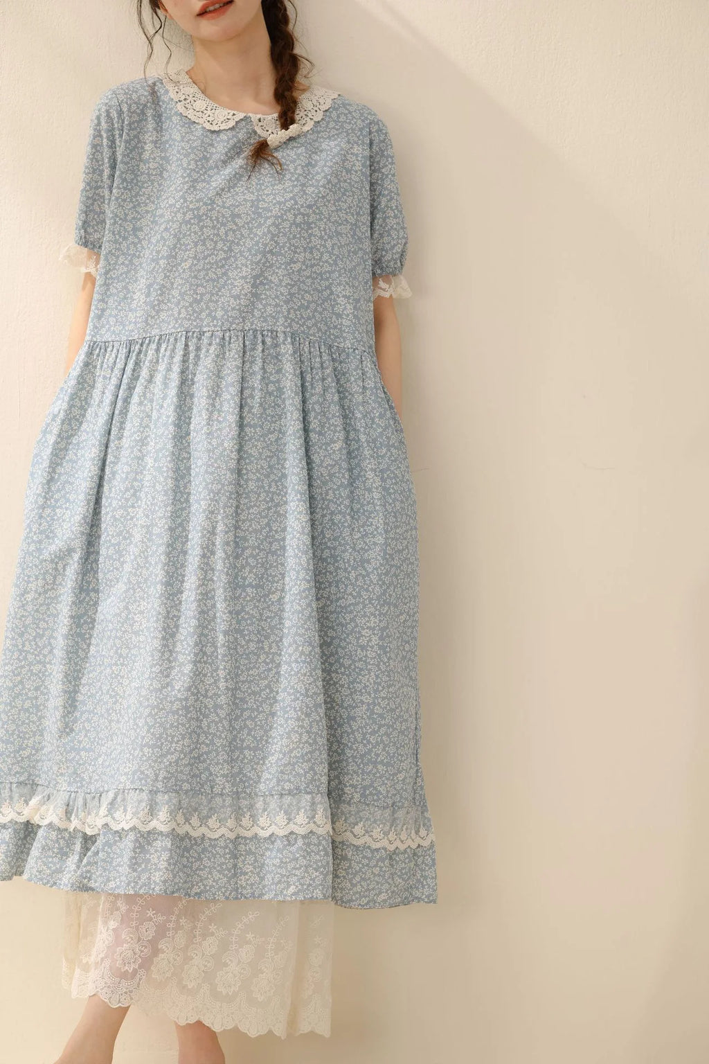 Vintage Ruffled Cotton Linen Flower Dress Women's New Summer Peter Pan Collar Short Sleeve Loose Boho Dress Casual Midi Vestidos