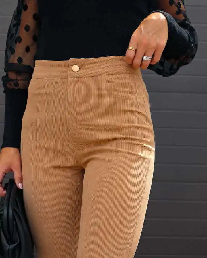 Fashionable Retro Women's Slightly Flared Pants Autumn And Winter Solid Color High Waist Button Slim Pants For Dating And Office