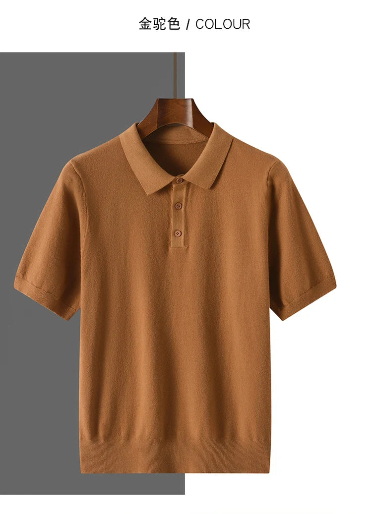 New summer 100% pure wool men's short sleeve polo neck T-shirt fashion youth casual Joker shirt thin T-shirt sweater