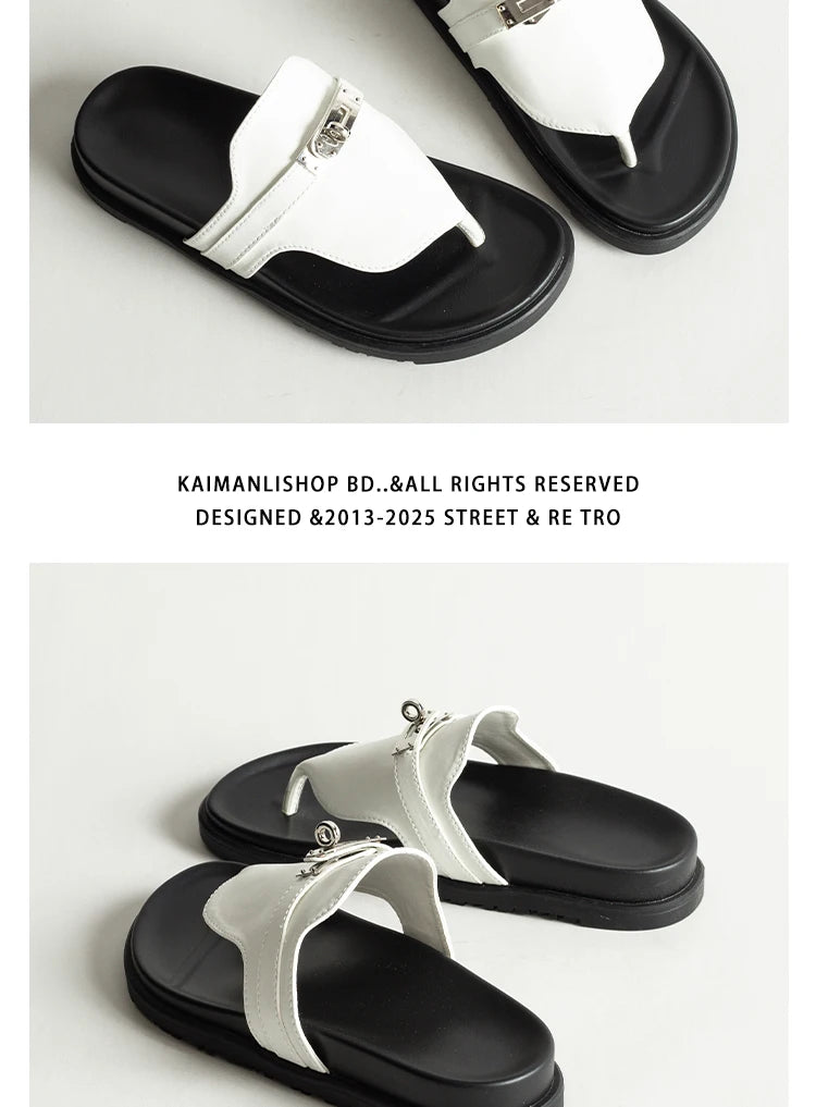 British Style Thick Bottom Slip-On Sandals Women Summer Foot-Strap Leather Half Slippers Beach Flat Heel Casual Shoes
