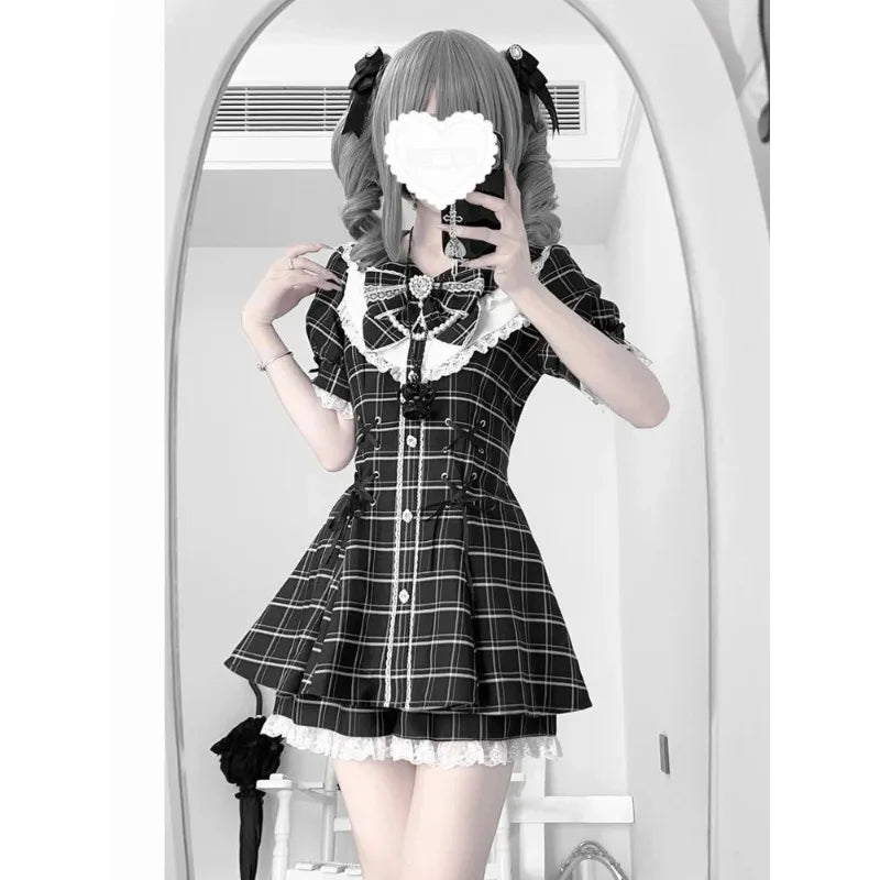 Japanese Style Lolita 2 Piece Set Y2k Mini Skirt Woman Harajuku Sweet Kawaii Print Dress Tops Korean Fashion Elegant Dress