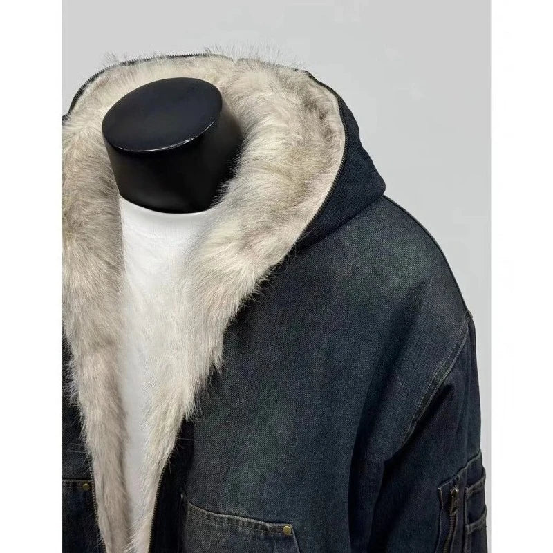 Mens Jacket Harajuku Hooded Denim Cotton Coat Washed Heavy Fleece Thick Fur Collar Vintage Warm Autumn Winter Streetwear Fashion