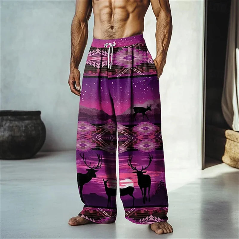 Summer Men's Beach Shorts Relaxed Fit Drawstring Casual Pants 3D Printed Geometric Pattern Breathable Wide-Leg Pants