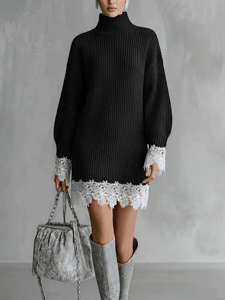 Women Turtleneck Ribbed Knitted Mini Dress Elegant Lace Hem Patchwork Party Dress Casual Long Lantern Sleeve Loose Sweater Dress