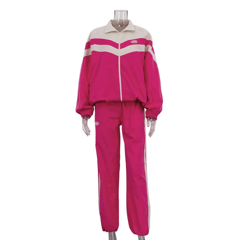 Spring Autumn Street Jumper Two Piece Set Women Long Sleeve Zipper Jacket+Patchwork Hip-Hop Sports Pant Suit Loose Women Outfit
