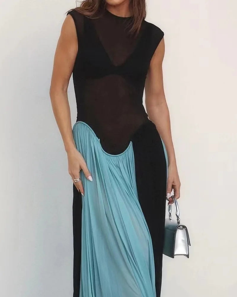 DSMTRC Women Vacation Clothing Vestidos Elegantes Para Mujeres Black Mesh Sheer Patchwork Blue Long Luxury Dress For Summer