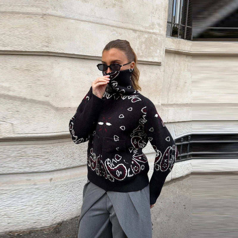 Elegant Knitted Print Women's Cardigan Loose Full Sleeve Stand Collar Zipper Sweaters Female 2026 Autumn Outwear Pockets Lady