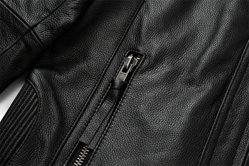 2023 New Motorcycle Causal Vintage Leather Coat Men Autumn Outfit Fashion Biker Pocket Design Top Layer Cow Leather Jacket