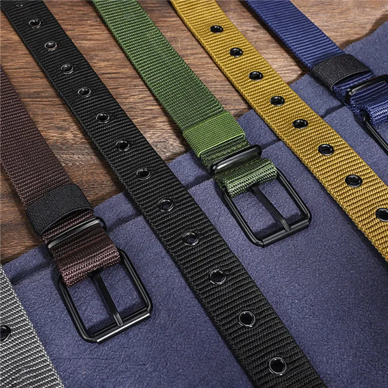 New Men Belt Porous Canvas Pin Buckle Leather Belt Outdoor Sports Belt Women's Trendy Eyelet Belt With Jeans Belt For Men Women