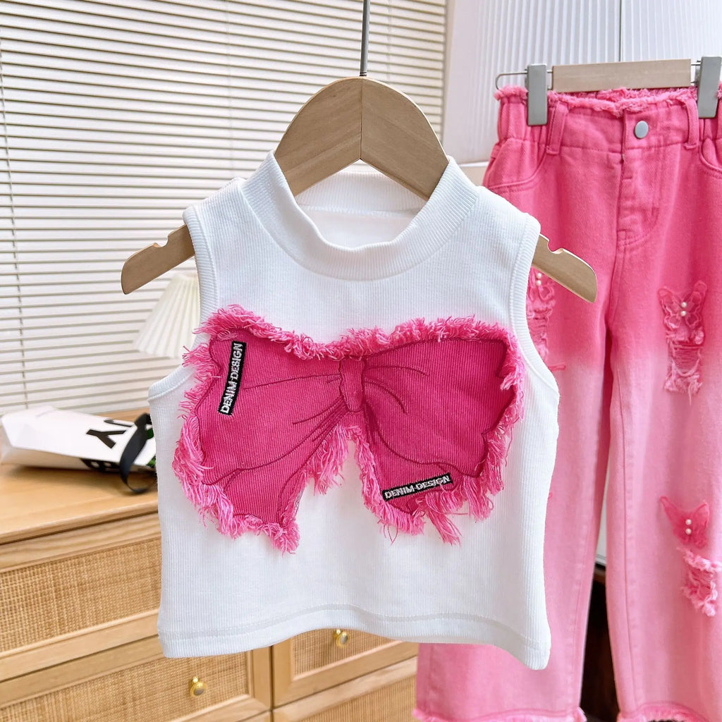2025 Summer New Girls Clothing Set Bow Sleeveless Vest+Butterfly Decoration Gradient Ripped Jeans 2Pcs For 3-8Y Fashion Outfit