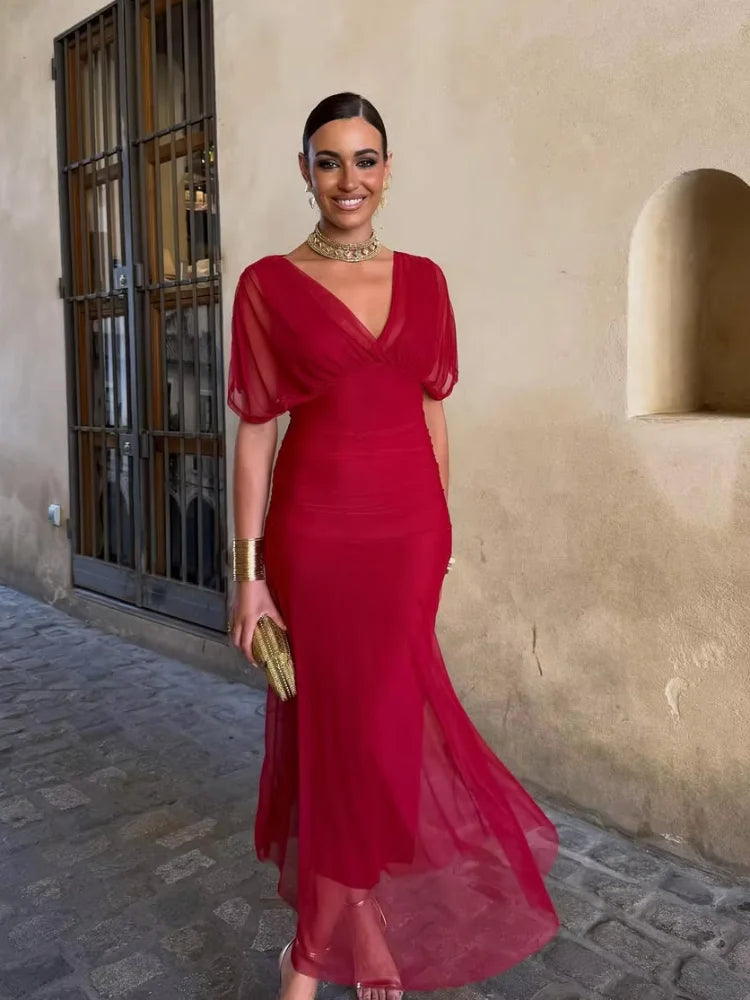 Women Solid Deep V-neck Mesh Long Dress Elegant Puff Short Sleeve Ruched Waist High Vestidos 2026 Summer Lady Casual Street Robe