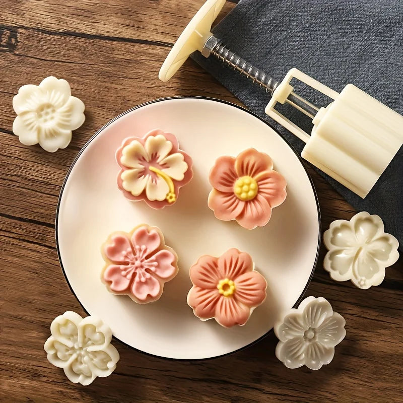 Mooncake Press Molds,Mid Autumn FestivalMooncake Mold Set 50g Flower Moon Cake Mold with4Pcs Stamps