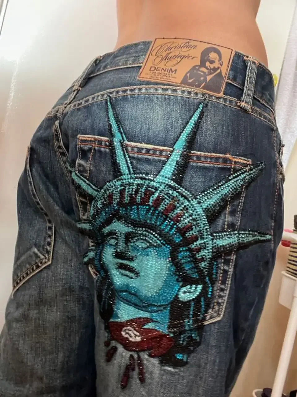 2000s Statue of Liberty Diamonds Denim Pants Women Casual High Waist Straight Wide Leg Jeans Harajuku Vintage Y2k Women Clothing