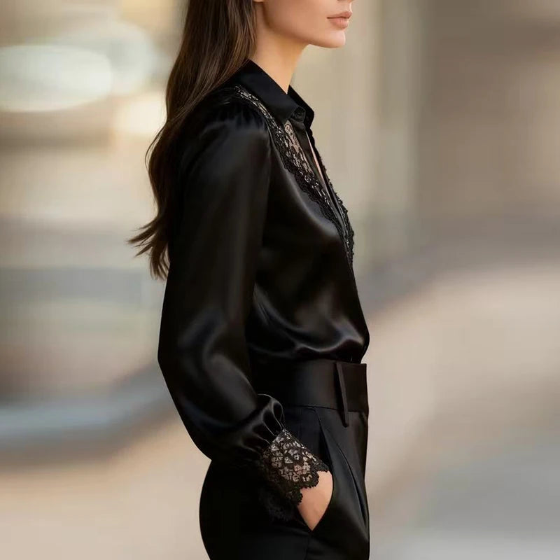 Fashion Women Long Sleeve Silk Shirt Black Turn Down Collar Button Blouse Women Office Tops Mesh See Through Sleeve Satin Shirt